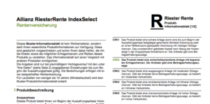 Auszug aus dem Produktinformationsblatt zur Allianz RiesterRente IndexSelect