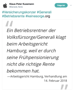 Screenshot eines Tweets zur Klage um eine Betriebsrente
